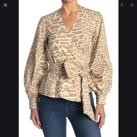 Ganni Tops - GANNI Printed Puff Sleeve Cotton Poplin Wrap Top